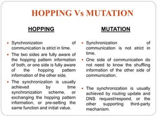 HOPPING Vs MUTATION
HOPPING
 Synchronization of
communication is strict in time.
 The two sides are fully aware of
the hopping pattern information
of both, or one side is fully aware
of the hopping pattern
information of the other side.
 The synchronization is usually
achieved by time
synchronization scheme, or
exchanging the hopping pattern
information, or pre-setting the
same function and initial value.
MUTATION
 Synchronization of
communication is not strict in
time.
 One side of communication do
not need to know the shuffling
information of the other side of
communication.
 The synchronization is usually
achieved by routing update and
DNS request/respond, or the
other supporting third-party
mechanism.
 