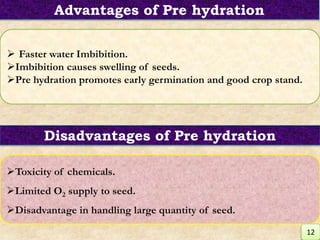  Faster water Imbibition.
Imbibition causes swelling of seeds.
Pre hydration promotes early germination and good crop stand.
Toxicity of chemicals.
Limited O2 supply to seed.
Disadvantage in handling large quantity of seed.
Disadvantages of Pre hydration
Advantages of Pre hydration
12
 