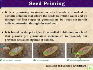  It is a presowing treatment in which seeds are soaked in
osmotic solution that allows the seeds to imbibe water and go
through the first stages of germination but does not permit
radicle protrusion through the seed coat.
 It is based on the principle of controlled imbibition, to a level
that permits pre germination metabolism to proceed, but
prevents actual emergence of radicle.
Seed Priming
17
(Girolamo and Barbanti 2012 Italian)
 