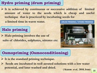  It is achieved by continuous or successive addition of limited
amount of water to the seeds which is cheap and useful
technique that is practiced by incubating seeds for
a limited time in warm water.
 Halo priming involves the use of
salts of chlorides, sulphates, nitrates etc.
 It is the standard priming technique.
 Seeds are incubated in well aerated solutions with a low water
potential, and later washed and dried.
Hydro priming (drum priming)
Halo priming
Osmopriming (Osmoconditioning)
DRUM PRIMING / HYDRO PRIMING
18( Kazem et al., 2010, Iran)
 