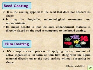  It is the coating applied to the seed that does not obscure its
shape.
 It may be fungicide, microbiological treatments and
micronutrients.
 Its major benefit is that the seed enhancement material is
directly placed on the seed as compared to the broad casting.
 It’s a sophisticated process of applying precise amount of
active ingredients in form of thin film along with the liquid
material directly on to the seed surface without obscuring its
shape.
Film Coating
Seed Coating
30
(Chaubey et al., 2014)
 