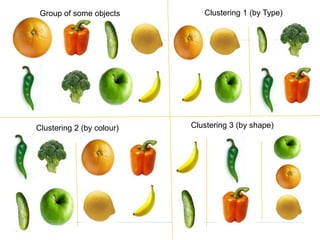 Group of some objects Clustering 1 (by Type)
Clustering 2 (by colour) Clustering 3 (by shape)
 