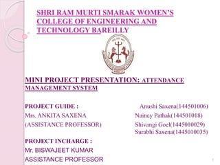 SHRI RAM MURTI SMARAK WOMEN’S
COLLEGE OF ENGINEERING AND
TECHNOLOGY BAREILLY
MINI PROJECT PRESENTATION: ATTENDANCE
MANAGEMENT SYSTEM
PROJECT GUIDE : Anushi Saxena(144501006)
Mrs. ANKITA SAXENA Naincy Pathak(144501018)
(ASSISTANCE PROFESSOR) Shivangi Goel(1445010029)
Surabhi Saxena(1445010035)
PROJECT INCHARGE :
Mr. BISWAJEET KUMAR
ASSISTANCE PROFESSOR 1
 