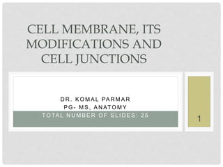 D R . K O M A L PA R M A R
P G - M S , A N AT O M Y
T O TA L N U M B E R O F S L I D E S : 2 5
CELL MEMBRANE, ITS
MODIFICATIONS AND
CELL JUNCTIONS
1
 