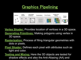 Graphics Pipelining
Vertex Shader: Provides location of vertices in a 3D space.
Generating Primitives: Making polygons using vertex in
3D space.
Rasterization: Process of filing triangular geometries with
dots or pixels.
Pixel Shader: Defines each pixel with attributes such as
light and color.
Testing and Mixing: Here the 3D objects are tested for
shadow effects and also the Anti-Aliasing (AA) and
 