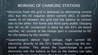 WORKING OF CHARGING STATIONS
• Electricity from the grid is delivered as alternating current
(AC) but the EV requires direct current (DC). A rectifier
needs to sit between the grid and the battery to convert
one to the other. For home and third party public charging
this AC-to-DC conversion is done by the EV’s on-board
rectifier. AC current at the charge port is converted to DC
for the battery by the rectifier.
• Superchargers deliver high voltage, high current DC
electricity directly to the EV’s battery, bypassing the on-
board rectifier. This allows the Supercharger to push
electricity into the battery as fast as the battery can take
 