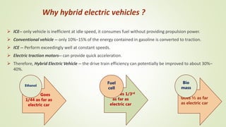 Why hybrid electric vehicles ?
 ICE-- only vehicle is inefficient at idle speed, it consumes fuel without providing propulsion power.
 Conventional vehicle -- only 10%–15% of the energy contained in gasoline is converted to traction.
 ICE -- Perform exceedingly well at constant speeds.
 Electric traction motors-- can provide quick acceleration.
 Therefore, Hybrid Electric Vehicle -- the drive train efficiency can potentially be improved to about 30%–
40%.
Goes
1/44 as far as
electric car
Ethanol
Goes ½ as far
as electric car
Goes 1/3rd
as far as
electric car
Bio
mass
Fuel
cell
 