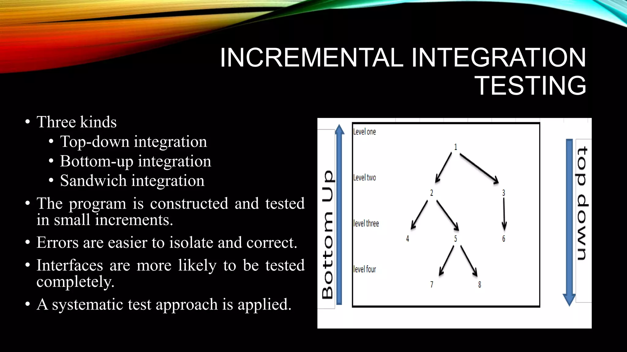INCREMENTAL INTEGRATION TESTING • Three kinds • Top-down integration • Bottom-up integration • Sandwich integration • The program is constructed and tested in small increments. • Errors are easier to isolate and correct. • Interfaces are more likely to be tested completely. • A systematic test approach is applied. 