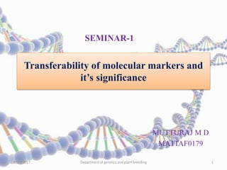 Transferability of molecular markers and
it’s significance
MUTTURAJ M D
MA1TAF0179
SEMINAR-1
9/23/2017 Department of genetics and plant breeding 1
 