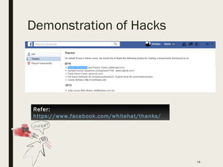 Demonstration of Hacks
14
Refer:
https://www.facebook.com/whitehat/thanks/
 
