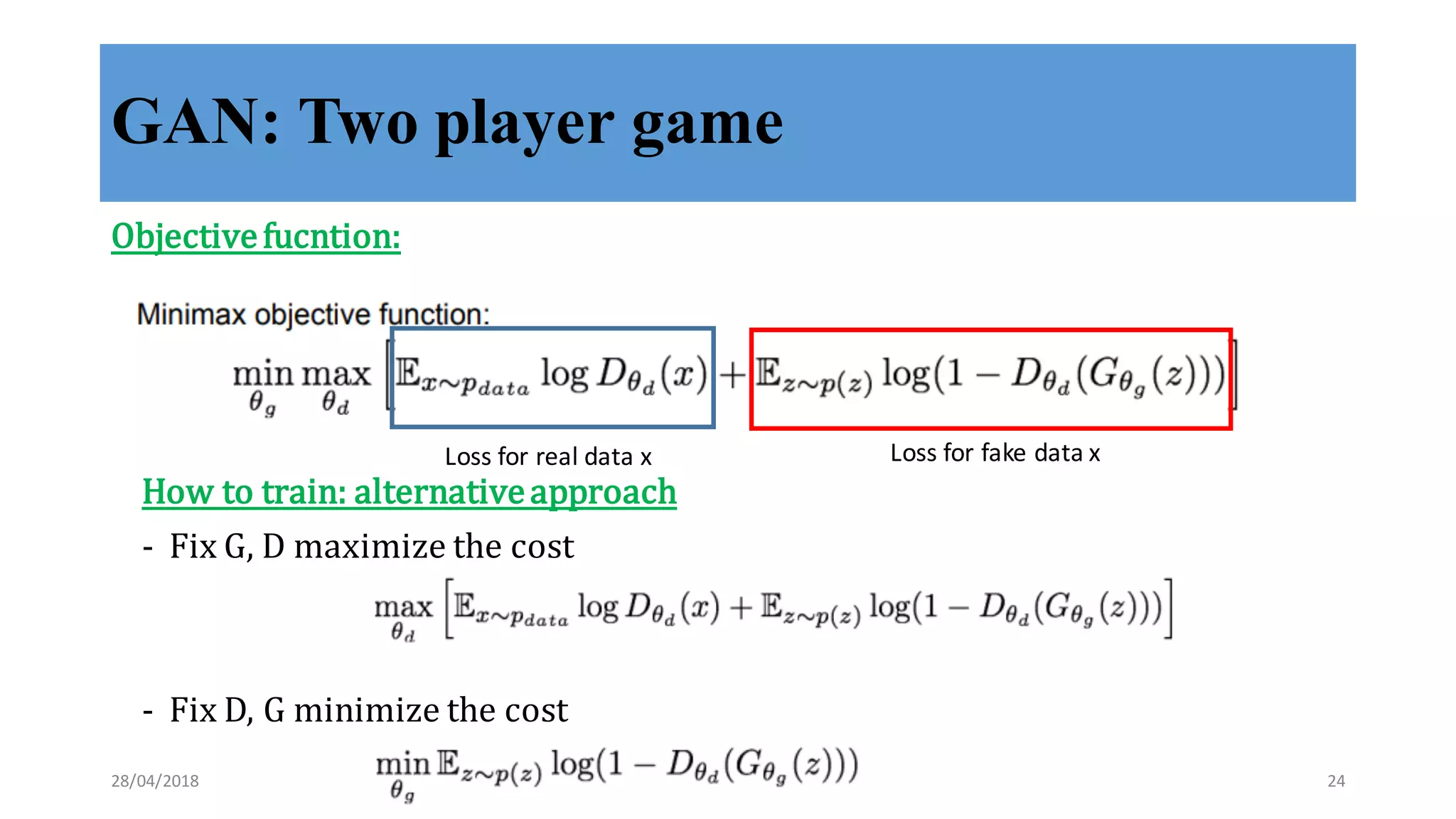 GAN: Two player game
Objective	
  fucntion:
Loss	
  for	
  real	
  data	
  x Loss	
  for	
  fake	
  data	
  x
How	
  to	
  train:	
  alternative	
  approach
-­‐‑ Fix	
  G,	
  D	
  maximize	
  the	
  cost
-­‐‑ Fix	
  D,	
  G	
  minimize	
  the	
  cost
28/04/2018 24
 