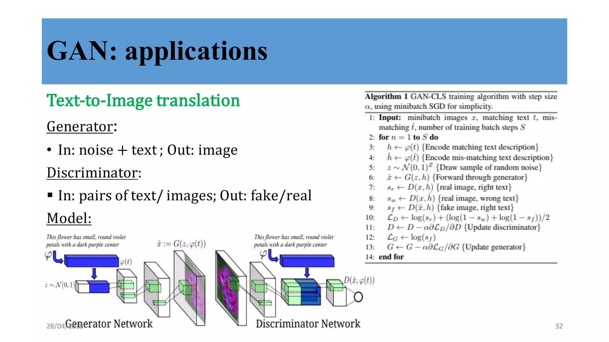 GAN: applications
Text-­‐‑to-­‐‑Image	
  translation
Generator:	
  
• In:	
  noise	
  +	
  text	
  ;	
  Out:	
  image
Discriminator:	
  
§ In:	
  pairs	
  of	
  text/	
  images;	
  Out:	
  fake/real
Model:
28/04/2018 32
 