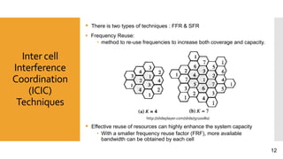 Inter cell
Interference
Coordination
(ICIC)
Techniques
 There is two types of techniques : FFR & SFR
 Frequency Reuse:
• method to re-use frequencies to increase both coverage and capacity.
 Effective reuse of resources can highly enhance the system capacity
• With a smaller frequency reuse factor (FRF), more available
bandwidth can be obtained by each cell
http://slideplayer.com/slide/9720080/
12
 