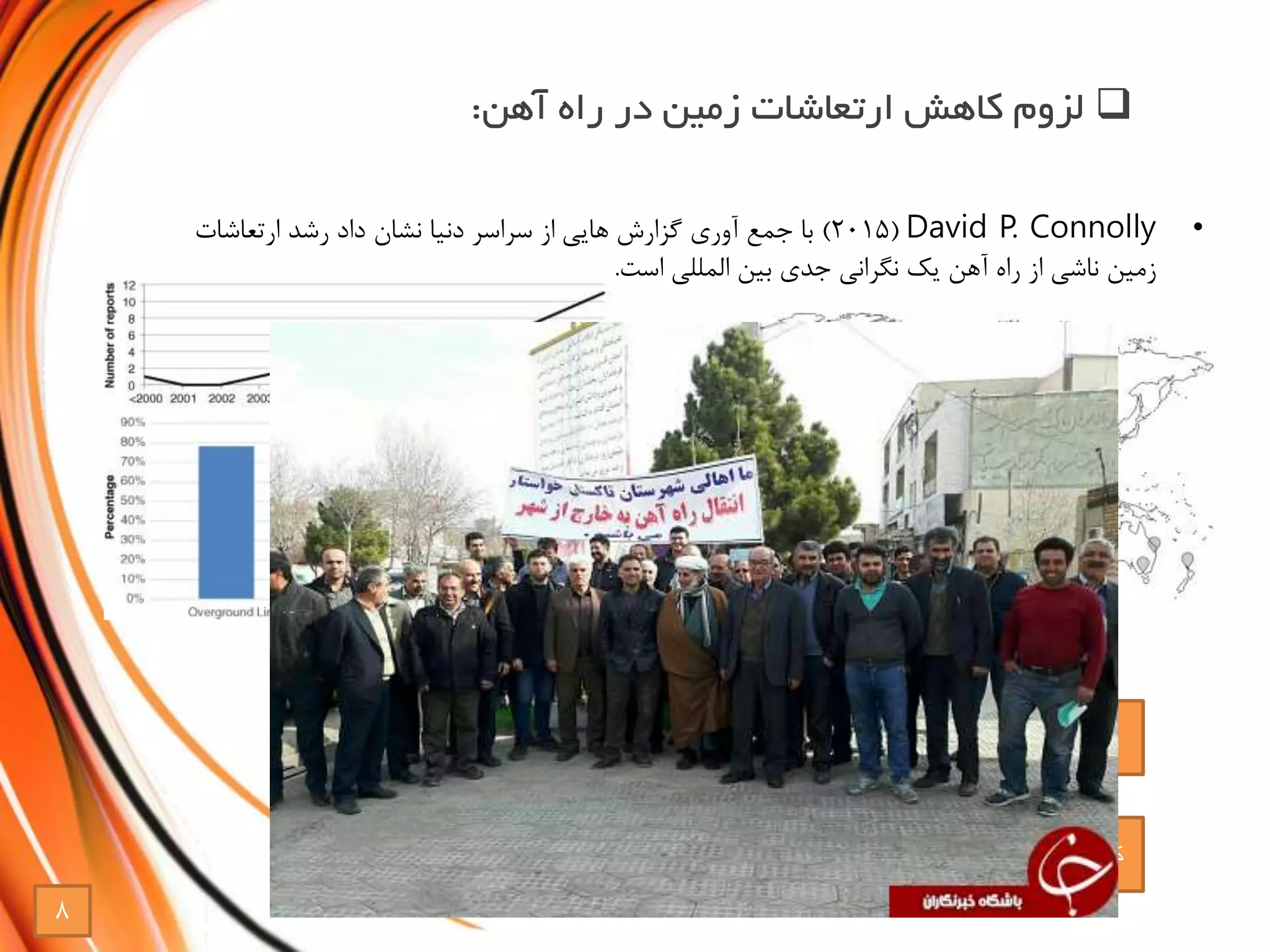 ‫آهن‬ ‫راه‬ ‫در‬ ‫زمین‬ ‫ارتعاشات‬ ‫کاهش‬ ‫لزوم‬:
•David P. Connolly(2015)‫با‬‫گزارش‬ ‫آوری‬ ‫جمع‬‫هایی‬‫ارتعاشات‬ ‫رشد‬ ‫داد‬ ‫نشان‬ ‫دنیا‬ ‫سراسر‬ ‫از‬
‫بین‬ ‫جدی‬ ‫نگرانی‬ ‫یک‬ ‫آهن‬ ‫راه‬ ‫از‬ ‫ناشی‬ ‫زمین‬‫المللی‬‫است‬.
‫توسعه‬
‫جدید‬ ‫خطوط‬ ‫ساخت‬
‫موجود‬ ‫خطوط‬ ‫در‬ ‫تغییر‬ ‫یا‬
‫در‬ ‫ارتعاشات‬ ‫فزایش‬
‫اطراف‬ ‫های‬ ‫ساختمان‬
‫زمین‬ ‫ارزش‬ ‫کاهش‬‫منطقه‬ ‫از‬ ‫مهاجرت‬ ‫افزایش‬
‫توسعه‬ ‫افتادن‬ ‫خطر‬ ‫به‬
‫پایدار‬
8
 