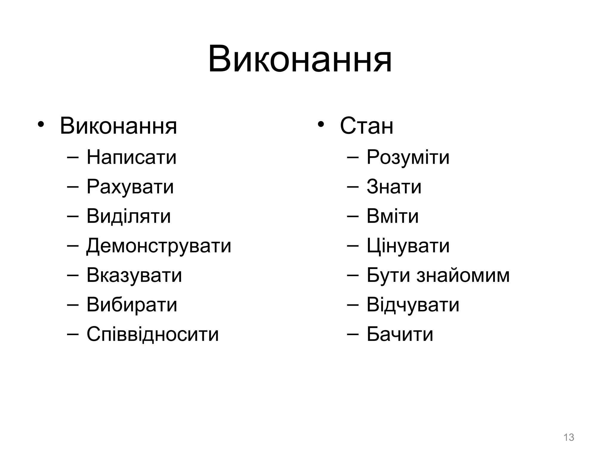 Виконання
• Виконання
– Написати
– Рахувати
– Виділяти
– Демонструвати
– Вказувати
– Вибирати
– Співвідносити
• Стан
– Розуміти
– Знати
– Вміти
– Цінувати
– Бути знайомим
– Відчувати
– Бачити
13
 