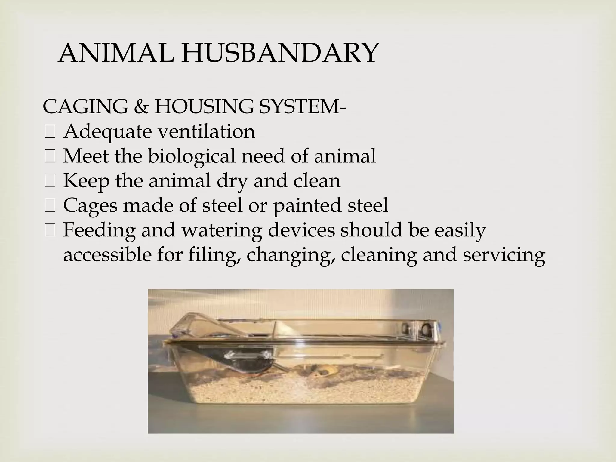 ANIMAL HUSBANDARY
CAGING & HOUSING SYSTEM-
Adequate ventilation
Meet the biological need of animal
Keep the animal dry and clean
Cages made of steel or painted steel
Feeding and watering devices should be easily
accessible for filing, changing, cleaning and servicing
 