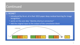 Continued
2. RESNET
• Introduced by He et. al in their 2015 paper deep residual learning for image
recognition.
• works on the core idea “identity shortcut connection”
• Add the original input to the output of the convolution block
26
 