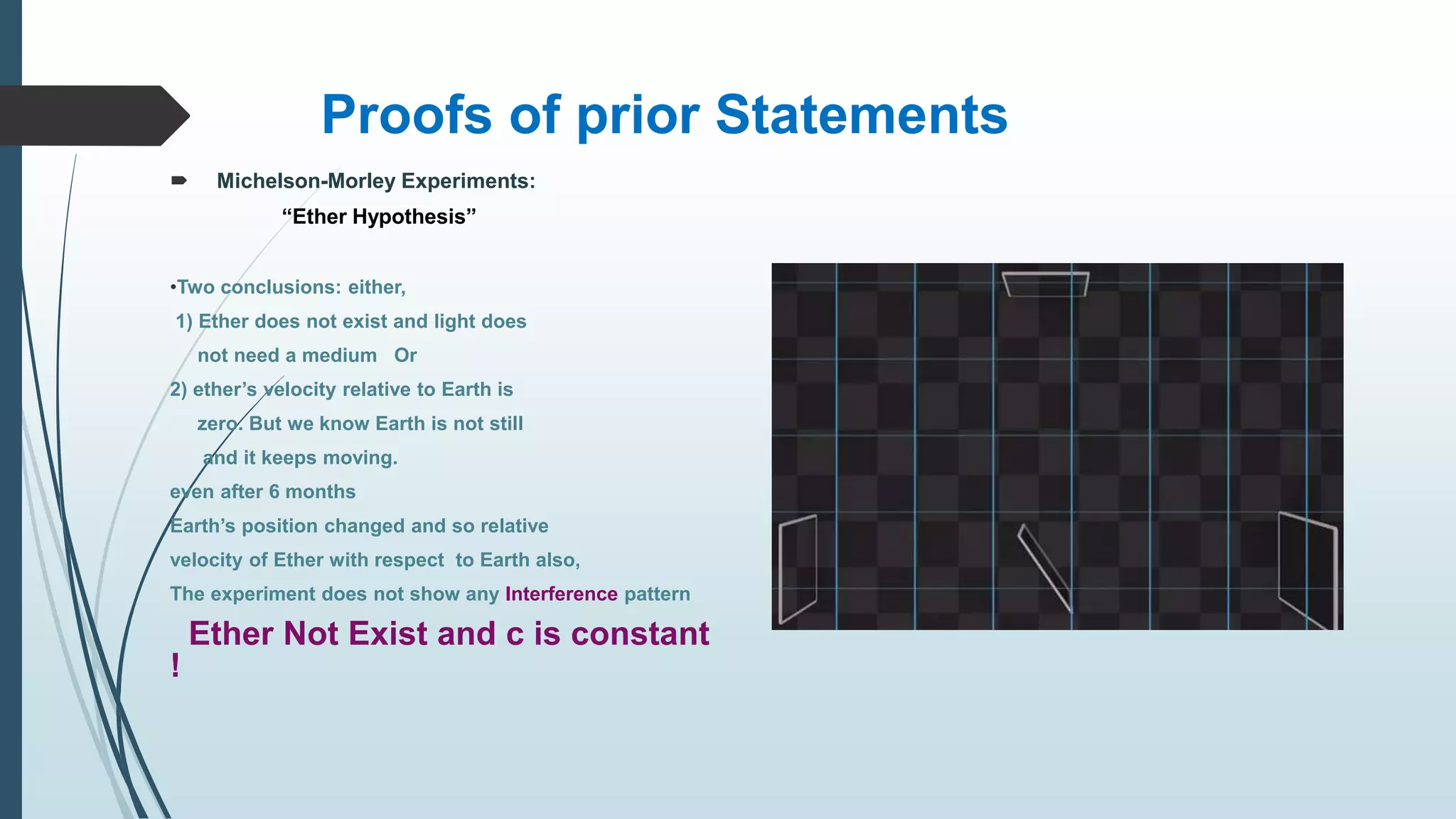 Proofs of prior Statements
 Michelson-Morley Experiments:
“Ether Hypothesis”
•Two conclusions: either,
1) Ether does not exist and light does
not need a medium Or
2) ether’s velocity relative to Earth is
zero. But we know Earth is not still
and it keeps moving.
even after 6 months
Earth’s position changed and so relative
velocity of Ether with respect to Earth also,
The experiment does not show any Interference pattern
Ether Not Exist and c is constant
!
 