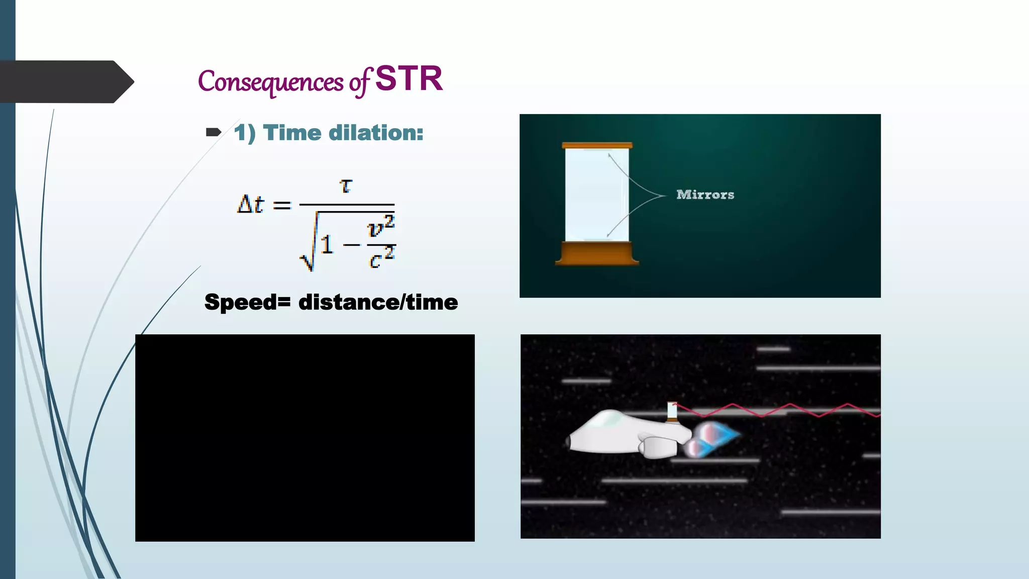 Consequences of STR
 1) Time dilation:
Speed= distance/time
 