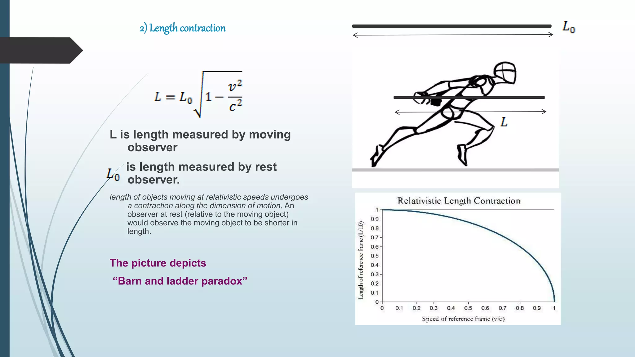 2) Lengthcontraction
L is length measured by moving
observer
is length measured by rest
observer.
length of objects moving at relativistic speeds undergoes
a contraction along the dimension of motion. An
observer at rest (relative to the moving object)
would observe the moving object to be shorter in
length.
The picture depicts
“Barn and ladder paradox”
 