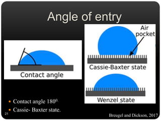 Angle of entry
 Contact angle 1800.
 Cassie- Baxter state.
Breugel and Dickson, 201721
 
