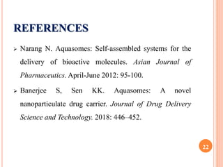 REFERENCES
 Narang N. Aquasomes: Self-assembled systems for the
delivery of bioactive molecules. Asian Journal of
Pharmaceutics. April-June 2012: 95-100.
 Banerjee S, Sen KK. Aquasomes: A novel
nanoparticulate drug carrier. Journal of Drug Delivery
Science and Technology. 2018: 446–452.
22
 