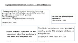 • higher distorted segregation in the
recombinant inbred line population, it
may mainly result from genetic drift.
statistical bias, genotyping and
scoring errors
(Plomion et al., 1995)
•Biological reasons like chromosome loss, competition among
gametes for preferential fertilization, gametocidal or pollen-killer
genes (abortion of male or female gametes).
•Incompatibility genes.
•chromosome arrangements or nonhomologous.
(Lefebvre et al., 1995)
The distorted segregation may have a gametophyte
selection, genetic drift, cytological attributes, or
biological reason
(Shappley et al. 1998a; Lacape et al. 2003)
Segregation distortion can occur due to different reasons:
18/11/2018 Mahesh R Hampannavar (mahi5295@gmail.com)
 