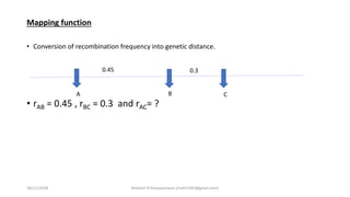 Mapping function
• Conversion of recombination frequency into genetic distance.
• rAB = 0.45 , rBC = 0.3 and rAC= ?
0.45 0.3
A B C
18/11/2018 Mahesh R Hampannavar (mahi5295@gmail.com)
 