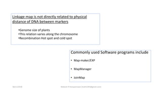 Linkage map is not directly related to physical
distance of DNA between markers
•Genome size of plants
•This relation varies along the chromosome
•Recombination Hot spot and cold spot
Commonly used Software programs include
• Map-maker/EXP
• MapManager
• JoinMap
18/11/2018 Mahesh R Hampannavar (mahi5295@gmail.com)
 