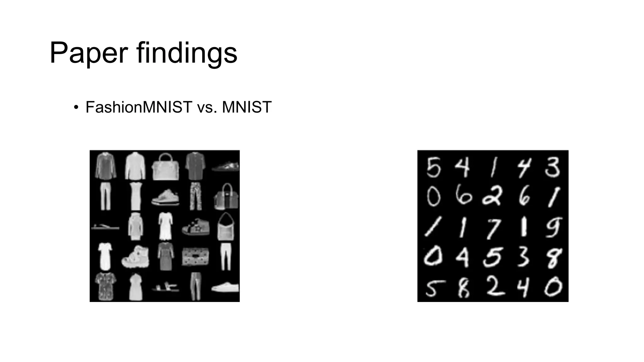 Paper findings
• FashionMNIST vs. MNIST
 