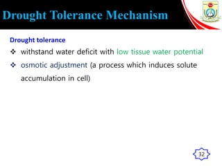 Drought Tolerance Mechanism
Drought tolerance
 withstand water deficit with low tissue water potential
 osmotic adjustment (a process which induces solute
accumulation in cell)
32
 