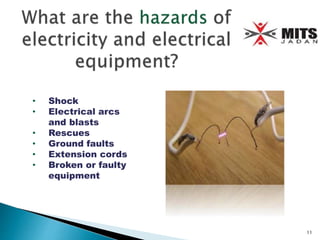 • Shock
• Electrical arcs
and blasts
• Rescues
• Ground faults
• Extension cords
• Broken or faulty
equipment
11
 