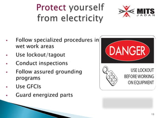  Follow specialized procedures in
wet work areas
 Use lockout/tagout
 Conduct inspections
 Follow assured grounding
programs
 Use GFCIs
 Guard energized parts
13
 
