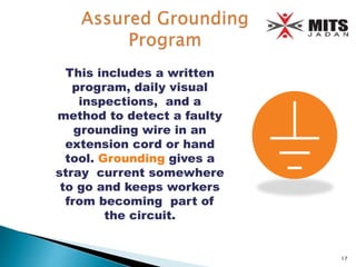 This includes a written
program, daily visual
inspections, and a
method to detect a faulty
grounding wire in an
extension cord or hand
tool. Grounding gives a
stray current somewhere
to go and keeps workers
from becoming part of
the circuit.
17
 