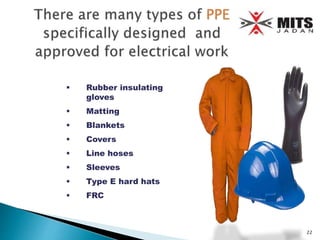  Rubber insulating
gloves
 Matting
 Blankets
 Covers
 Line hoses
 Sleeves
 Type E hard hats
 FRC
22
 