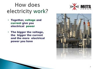 • Together, voltage and
current give you
electrical power
• The bigger the voltage,
the bigger the current
and the more electrical
power you have
7
 