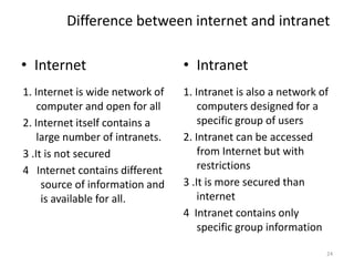 24
Difference between internet and intranet
• Internet • Intranet
1. Internet is wide network of
computer and open for all
2. Internet itself contains a
large number of intranets.
3 .It is not secured
4 Internet contains different
source of information and
is available for all.
1. Intranet is also a network of
computers designed for a
specific group of users
2. Intranet can be accessed
from Internet but with
restrictions
3 .It is more secured than
internet
4 Intranet contains only
specific group information
 