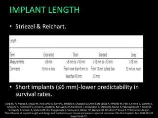 IMPLANT LENGTH
• Striezel & Reichart.
• Short implants (≤6 mm)-lower predictability in
survival rates.
Jung RE, Al-Nawas B, Araujo M, Avila-Ortiz G, Barter S, Brodala N, Chappuis V, Chen B, De Souza A, Almeida RF, Fickl S, Finelle G, Ganeles J,
Gholami H, Hammerle C, Jensen S, Jokstad A, Katsuyama H, Kleinheinz J, Kunavisarut C, Mardas N, Monje A, Papaspyridakos P, Payer M,
Schiegnitz E, Smeets R, StefaniniM, Ten Bruggenkate C, Vazouras K, Weber HP, Weingart D, Windisch P. Group 1 ITI Consensus Report:
The influence of implant length and design and medications on clinical and patient-reported outcomes. Clin Oral Implants Res. 2018 Oct;29
Suppl 16:69-77.
 