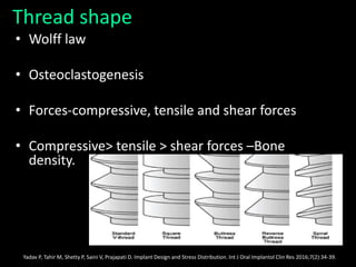 Thread shape
• Wolff law
• Osteoclastogenesis
• Forces-compressive, tensile and shear forces
• Compressive> tensile > shear forces –Bone
density.
Yadav P, Tahir M, Shetty P, Saini V, Prajapati D. Implant Design and Stress Distribution. Int J Oral Implantol Clin Res 2016;7(2):34-39.
 