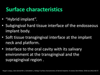 Surface characteristics
• “Hybrid implant”.
• Subgingival hard tissue interface of the endosseous
implant body.
• Soft tissue transgingival interface at the implant
neck and platform.
• Interface to the oral cavity with its salivary
environment at the transgingival and the
supragingival region .
Rupp F, Liang L, Geis-Gerstorfer J, Scheideler L, Hüttig F. Surface characteristics of dental implants: A review. Dent Mater. 2018 Jan;34(1):40-57.
 