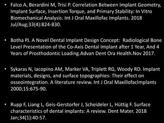 • Falco A, Berardini M, Trisi P. Correlation Between Implant Geometry,
Implant Surface, Insertion Torque, and Primary Stability: In Vitro
Biomechanical Analysis. Int J Oral Maxillofac Implants. 2018
Jul/Aug;33(4):824-830.
• Botha PJ. A Novel Dental Implant Design Concept: Radiological Bone
Level Presentation of the Co-Axis Dental Implant after 1 Year, And 4
Years of Prosthodontic Loading.Advan Dent Ora Health.Nov 2017.
• Sykaras N, Iacopino AM, Marker VA, Triplett RG, Woody RD. Implant
materials, designs, and surface topographies: Their effect on
osseointegration. A literature review. Int J Oral MaxillofacImplants
2000;15:675-90.
• Rupp F, Liang L, Geis-Gerstorfer J, Scheideler L, Hüttig F. Surface
characteristics of dental implants: A review. Dent Mater. 2018
Jan;34(1):40-57.
 
