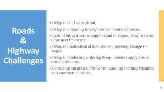 Delay in land acquisition,
Delay in obtaining forest/ environment clearances,
Lack of infrastructure support and linkages, delay in tie-up
of project financing,
Delay in finalisation of detailed engineering, change in
scope,
Delay in tendering, ordering & equipment supply, law &
order problems,
Geological surprises, pre-commissioning teething troubles
and contractual issues.
Roads
&
Highway
Challenges
11
 