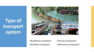 Roadway transport.
Railway transport.
Type of
transport
system
4
Airway transport.
Waterway transport
 