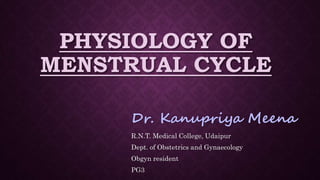 PHYSIOLOGY OF
MENSTRUAL CYCLE
Dr. Kanupriya Meena
R.N.T. Medical College, Udaipur
Dept. of Obstetrics and Gynaecology
Obgyn resident
PG3
 