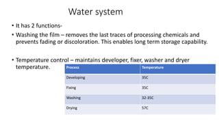 Water system
• It has 2 functions-
• Washing the film – removes the last traces of processing chemicals and
prevents fading or discoloration. This enables long term storage capability.
• Temperature control – maintains developer, fixer, washer and dryer
temperature. Process Temperature
Developing 35C
Fixing 35C
Washing 32-35C
Drying 57C
 