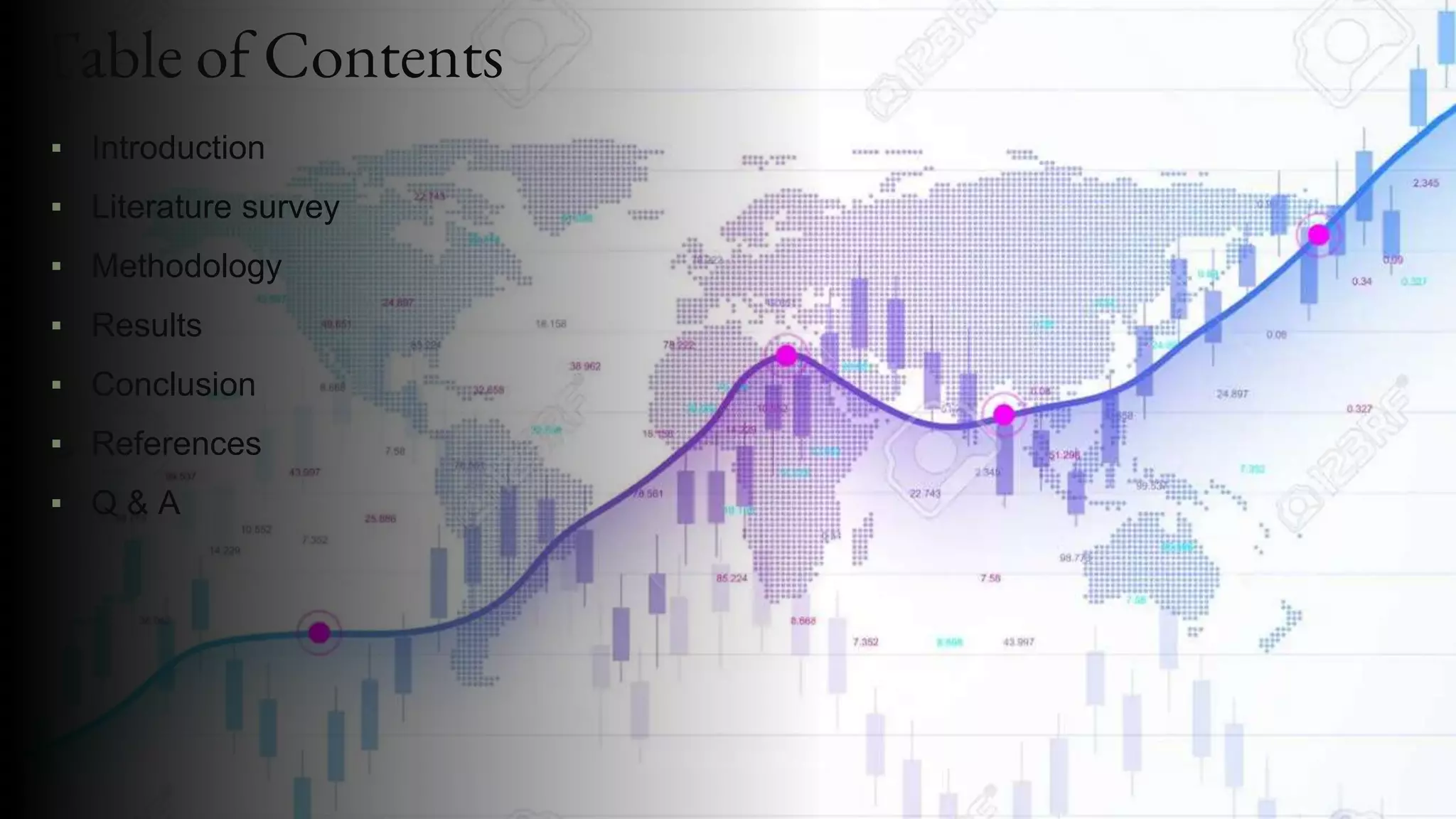Table of Contents
▪ Introduction
▪ Literature survey
▪ Methodology
▪ Results
▪ Conclusion
▪ References
▪ Q & A
 