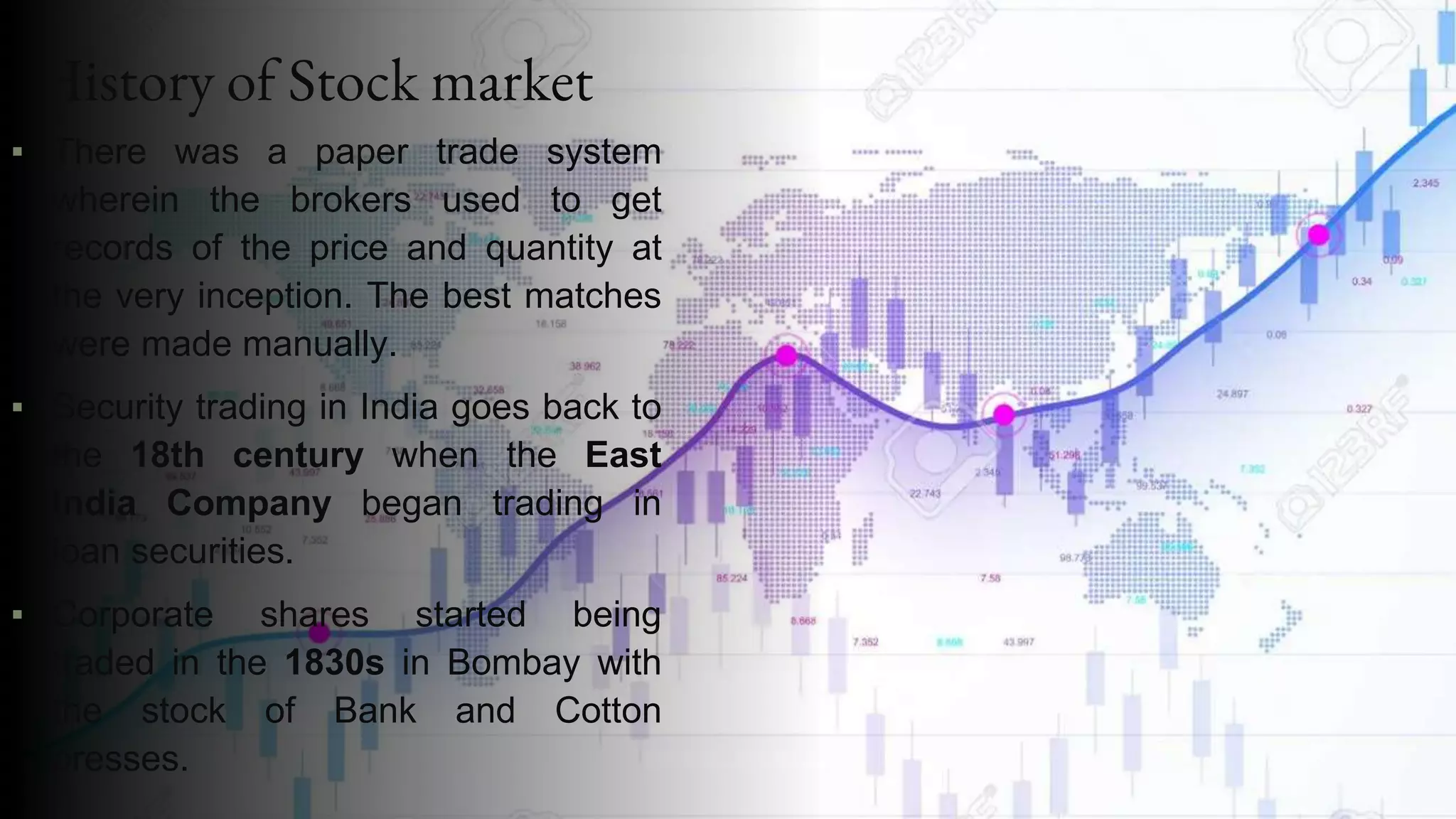History of Stock market
▪ There was a paper trade system
wherein the brokers used to get
records of the price and quantity at
the very inception. The best matches
were made manually.
▪ Security trading in India goes back to
the 18th century when the East
India Company began trading in
loan securities.
▪ Corporate shares started being
traded in the 1830s in Bombay with
the stock of Bank and Cotton
presses.
 