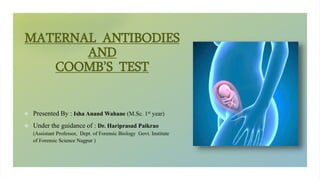 MATERNAL ANTIBODIES
AND
COOMB’S TEST
 Presented By : Isha Anand Wahane (M.Sc. 1st year)
 Under the guidance of : Dr. Hariprasad Paikrao
(Assistant Professor, Dept. of Forensic Biology Govt. Institute
of Forensic Science Nagpur )
 