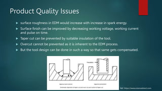 Product Quality Issues
 surface roughness in EDM would increase with increase in spark energy.
 Surface finish can be improved by decreasing working voltage, working current
and pulse on time.
 Taper cut can be prevented by suitable insulation of the tool.
 Overcut cannot be prevented as it is inherent to the EDM process.
 But the tool design can be done in such a way so that same gets compensated.
Ref: https://www.sciencedirect.com
 