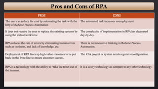 Pros and Cons of RPA
PROS CONS
The user can reduce the cost by automating the task with the
help of Robotic Process Automation
The automated task increases unemployment.
It does not require the user to replace the existing systems by
using the virtual workforce.
The complexity of implementation in RPA has decreased
day-by-day.
RPA reduces the rate of errors by eliminating human errors
such as tiredness, and lack of knowledge, etc.
There is no innovative thinking in Robotic Process
Automation.
Deployment of RPA frees up high-value resources to be put
back on the front line to ensure customer success.
The RPA project or system needs regular reconfiguration.
RPA is a technology with the ability to “take the robot out of
the humans.
It is a costly technology as compare to any other technology.
 